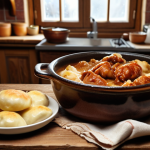 **A rustic wooden table laden with Polish cuisine. Focus on żurek in a ceramic bowl, surrounded by pierogi, bigos in an earthenware pot, and smoked oscypek cheese. The background should be a cozy, traditional Polish kitchen.**