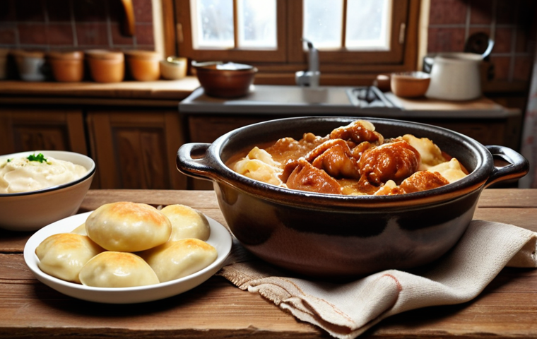 **A rustic wooden table laden with Polish cuisine. Focus on żurek in a ceramic bowl, surrounded by pierogi, bigos in an earthenware pot, and smoked oscypek cheese. The background should be a cozy, traditional Polish kitchen.**
